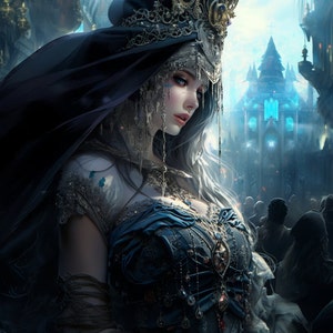 May include: An artistic digital illustration of a woman in a dark blue gown and elaborate headpiece, set against a backdrop of a gothic cathedral and a crowd of people. The image has a fantasy theme.