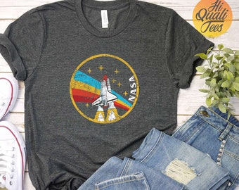 Nasa Shirt Space Shuttle Rainbow retro vintage looking distressed t shirt men women black gray