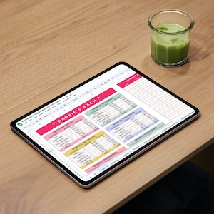 May include: A digital spreadsheet on a tablet screen titled "Barbie's Bach" with a pink, yellow, and green color scheme. The spreadsheet is divided into sections for different categories of expenses, including flights, accommodation, food and drink, and activities. The spreadsheet is used to track the budget and actual expenses for a bachelorette party.
