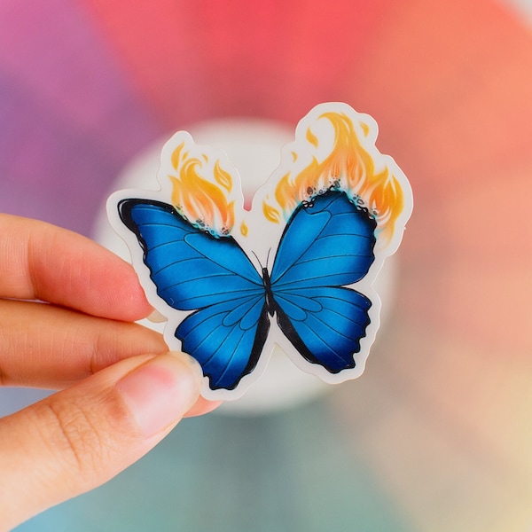 Blue Butterfly Catching Fire Transparent Sticker