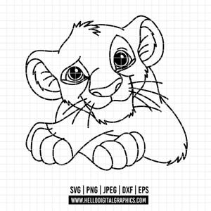 Puede incluir: Ilustración en blanco y negro de un cachorro de león. El cachorro está representado sentado, con ojos grandes y una expresión suave. La imagen incluye el texto "SVG | PNG | JPEG | DXF | EPS" y una dirección web.