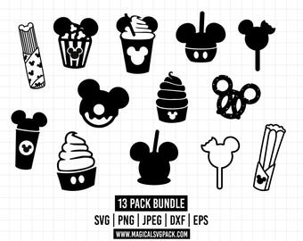 May include: A collection of thirteen black silhouette icons featuring various snacks with Mickey Mouse ears, including churros, popcorn, ice cream, pretzels, and candy apples. Text at the bottom reads 13 PACK BUNDLE SVG PNG JPEG DXF EPS WWW.MAGICALSVGPACK.COM.