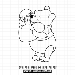 1071 - Winnie the Pooh hugging a heart line art Svg, Eps, Jpeg, Dxf, Png. Disneyy classic, Winnie the pooh dtf.