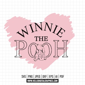 1105 - Winnie the pooh sitting with name and heart dtf full color Svg, Eps, Jpeg, Dxf, Png. Disneyy classic, Winnie the pooh dtf.