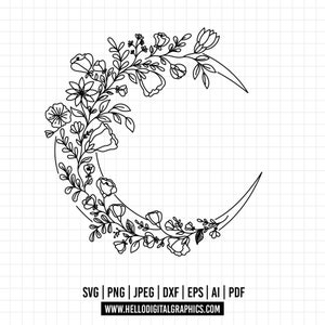 1372 Floral Moon svg, Bohemian Crescent moon cut file, Mystic moon with flowers, Line Art Clipart, Wedding Flowers, Botanical Moon Png