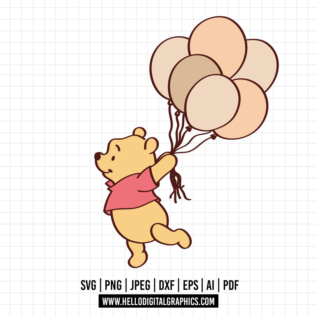 1136 - 風船を持ったくまのプーさん、かわいいDTFフルカラーSVG、Eps
