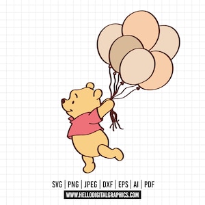 1136 - Winnie the pooh with ballons cute dtf full color Svg, Eps, Jpeg, Dxf, Png. Disneyy classic, Winnie the pooh dtf.
