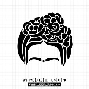May include: Black and white silhouette of a woman's face with a floral crown. The crown is made of stylised flowers and leaves.