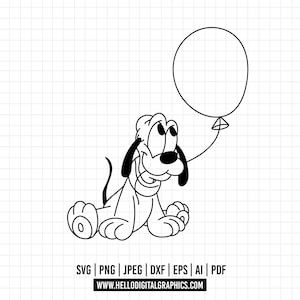 Peut inclure: Illustration en noir et blanc d'un chien de dessin animé tenant un ballon. Le chien est assis, la queue enroulée autour de ses pattes. Le ballon est rond et a une ficelle attachée.