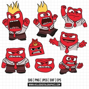 May include: A set of eight red cartoon character illustrations of Anger from the movie Inside Out. The character is shown in different poses and expressions, including shouting, smiling, and frowning. The illustrations are perfect for crafting projects, scrapbooking, or digital design.