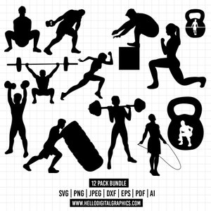 1354 - Arquivos svg de Crossfit, silhueta de clipart de Crossfit, svg de levantamento de peso, clipart de treino, arquivos de corte para Cricut, arquivos para Silhouette, academia