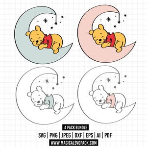 May include: A digital graphic set featuring four illustrations of a yellow bear wearing a red shirt, sleeping on a crescent moon with stars. Two versions are colored, and two are outlines. Text at the bottom reads 4 PACK BUNDLE SVG PNG JPEG DXF EPS AI PDF WWW.MAGICALSVGPACK.COM.