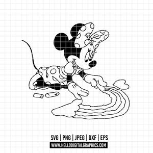 May include: Black and white Minnie Mouse graphic. Minnie is depicted in a polka dot dress and bow, drawing a rainbow. The image includes the text "SVG | PNG | JPEG | DXF | EPS" and "WWW.HELLODIGITALGRAPHICS.COM".