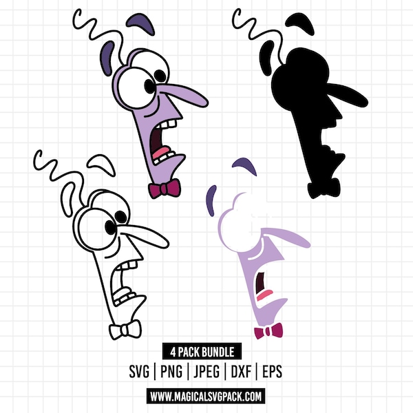 May include: A digital graphic bundle featuring four variations of a cartoon character with a tall, thin head, wide eyes, and a bow tie. The designs include a full-color version, a solid black silhouette, a line art version, and a partial color version.