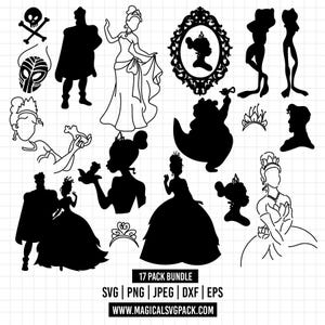 May include: A collection of black silhouettes featuring various characters, crowns, and decorative frames on a white grid background. The text at the bottom reads 17 PACK BUNDLE SVG | PNG | JPEG | DXF | EPS WWW.MAGICALSVGPACK.COM.