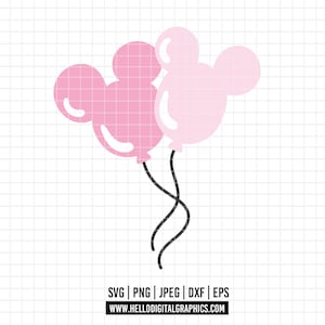 May include: Two pink balloons shaped like Mickey Mouse ears, tied together with black strings.