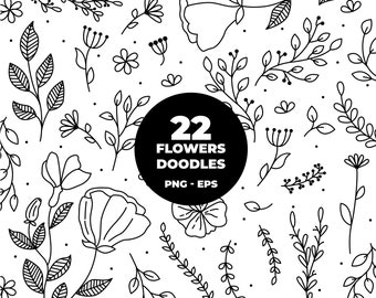 1245 Doodle Flower clipart, liście, kwiaty, doodle clipart, botaniczne cliparty, kwiatowe grafiki liniowe, grafika liniowa, kwiaty ślubne, EPS