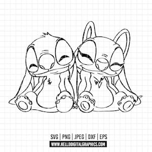 May include: Black and white line art illustration of two cartoon characters, Stitch and Angel, from the Disney movie Lilo & Stitch. They are sitting side by side, smiling and looking at each other.