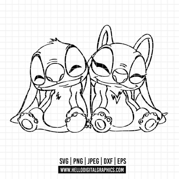 2573 - スティッチとエンジェルの線画（SVG、EPS、Jpeg、DXF、PNG