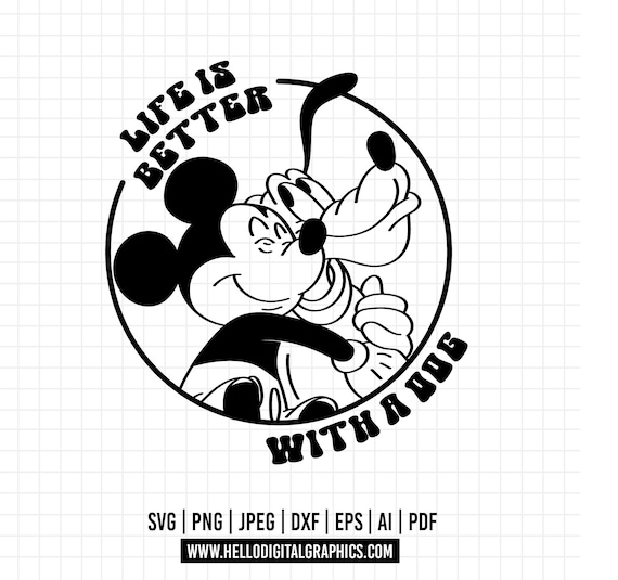 1035 - ミッキーとプルートが抱き合う線画（SVG、EPS、Jpeg、DXF、PNG