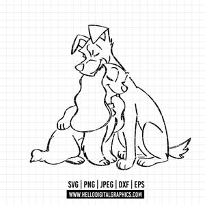 Könnte beinhalten: Schwarz-weiß-Linienzeichnung von zwei Hunden, die sich umarmen. Der Hund links ist größer und hat ein definierteres Gesicht. Der Hund rechts ist kleiner und hat ein runderes Gesicht. Beide Hunde schauen sich an.