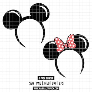 May include: Two black mouse ear headbands on a white grid background. One headband is plain black, and the other features a red bow with white polka dots. Text at the bottom reads 2 PACK BUNDLE, SVG | PNG | JPEG | DXF | EPS, WWW.MAGICALSVGPACK.COM.