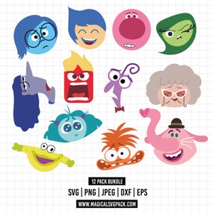 Puede incluir: Un conjunto gráfico digital que presenta doce caras de personajes de dibujos animados coloridos con varias expresiones, incluyendo diseños en azul, rosa, verde, rojo, morado y amarillo. El texto en la parte inferior dice 12 PACK BUNDLE SVG | PNG | JPEG | DXF | EPS WWW.MAGICALSVGPACK.COM.