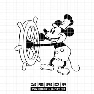 May include: Black and white illustration of Mickey Mouse dressed as a sailor, holding a ship's wheel.