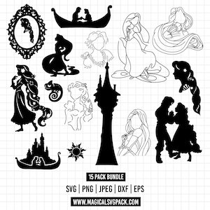 May include: A collection of 15 black and white digital illustrations featuring silhouettes and line art of a long-haired character, a tall tower, a sun emblem, and a boat. Text at the bottom reads 15 PACK BUNDLE SVG PNG JPEG DXF EPS WWW.MAGICALSVGPACK.COM.