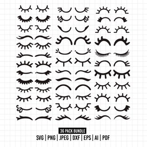 Puede incluir: Un conjunto de 36 ilustraciones de ojos en blanco y negro, que incluyen ojos cerrados, ojos abiertos y ojos con pestañas. Las ilustraciones están dispuestas en tres columnas y son perfectas para proyectos de manualidades.