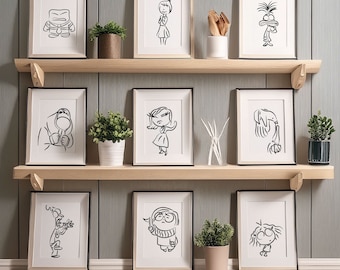 May include: Set of nine black and white line art prints featuring characters from the animated film Inside Out. The prints are displayed on a wooden shelf against a grey wall.