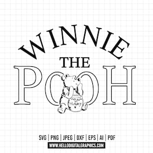 1103 - Winnie the pooh sitting with name line art Svg, Eps, Jpeg, Dxf, Png. Disneyy classic, Winnie the pooh dtf.