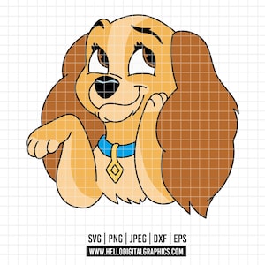 May include: A cartoon illustration of a dog with light brown fur, large brown eyes, and long, floppy brown ears. The dog is wearing a blue collar with a gold pendant and is resting its head on its paw. The image has a white background.