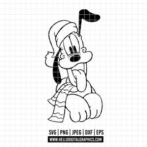 Peut inclure: Illustration en noir et blanc d'un chien de dessin animé portant un bonnet de Père Noël et une écharpe. Le chien regarde vers la droite et a la langue qui pend.