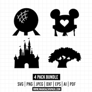 May include: A digital graphic set featuring four black silhouettes: a geodesic sphere, a mouse-ear shape with a heart, a multi-towered castle, and a large tree. Text at the bottom reads 4 PACK BUNDLE, SVG | PNG | JPEG | DXF | EPS | AI | PDF, and WWW.MAGICALSVGPACK.COM.