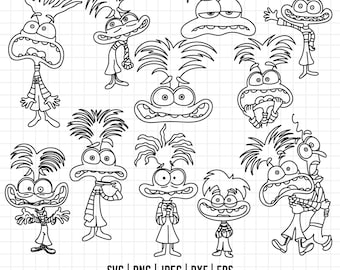 Op de afbeelding: Een set van tien zwart-witte lijntekeningen van cartoonfiguren met verschillende uitdrukkingen. De personages hebben grote ogen, overdreven kenmerken en wild haar. De personages staan allemaal in verschillende poses, sommigen staan, sommigen zitten en sommigen kijken naar de kijker.