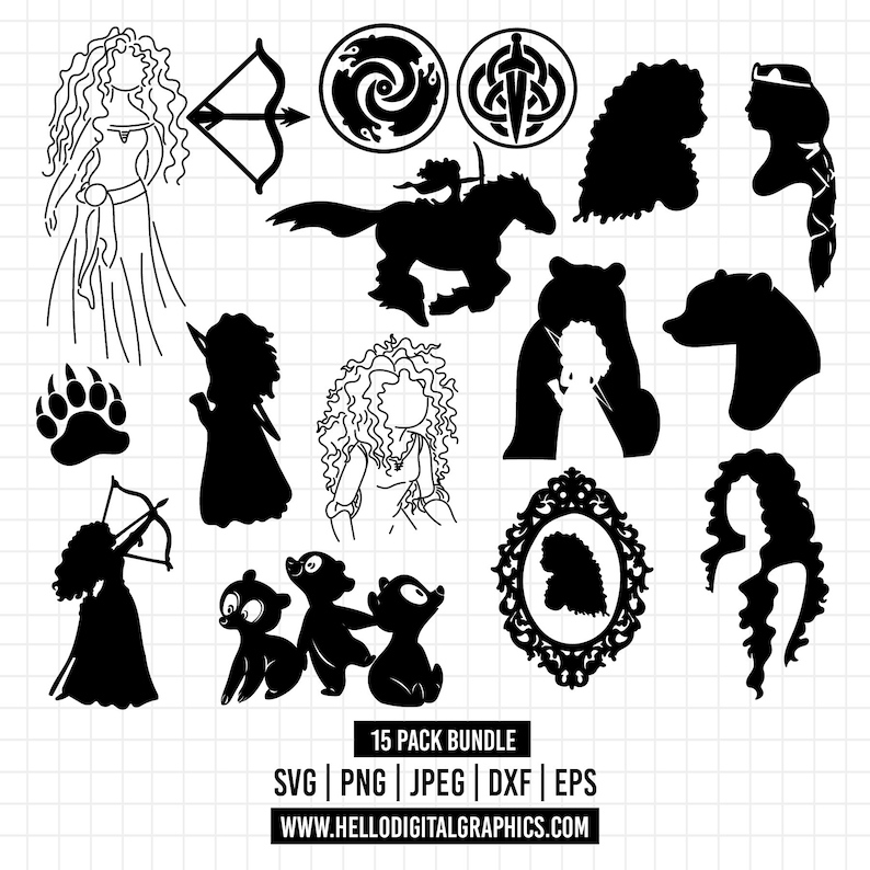 May include: A set of 15 black and white digital illustrations featuring a princess with long hair, a bear, a horse, a crown, a bow and arrow, and other related imagery. The text "15 PACK BUNDLE" is at the bottom of the image. The text "SVG | PNG | JPEG | DXF | EPS" is below the bundle text. The text "WWW.HELLODIGITALGRAPHICS.COM" is at the bottom of the image.