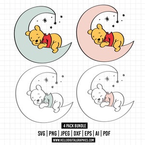 May include: A digital download of four variations of a Winnie the Pooh character sleeping on a crescent moon. The images are in black and white, color, and with a light blue and pink background.