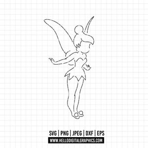 May include: Line art illustration of Tinkerbell, a fairy with wings, a dress, and a pixie dust container. The fairy is facing to the right and has her arms outstretched.