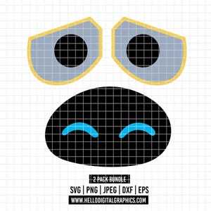 Pode incluir: Gráfico digital de um rosto de desenho animado com um oval preto com padrão de grade para a boca e duas linhas curvas azul claro para os olhos. Acima estão dois olhos cinzentos com pupilas pretas e bordas amarelas. O texto "2 PACK BUNDLE" e os ícones de tipo de arquivo estão na parte inferior.