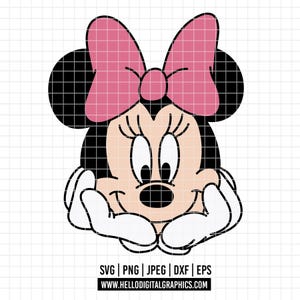 May include: A digital graphic of Minnie Mouse with a pink bow, black ears, and white gloves. The image includes file type information: SVG, PNG, JPEG, DXF, and EPS, along with a website address at the bottom.