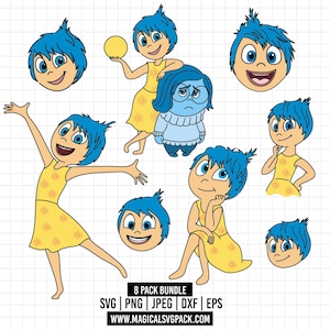 May include: A digital graphic collection featuring multiple illustrations of a blue-haired character in a yellow dress and a blue-haired character in a blue sweater, with various facial expressions and poses, plus text reading 8 PACK BUNDLE SVG PNG JPEG DXF EPS WWW.MAGICALSVGPACK.COM.