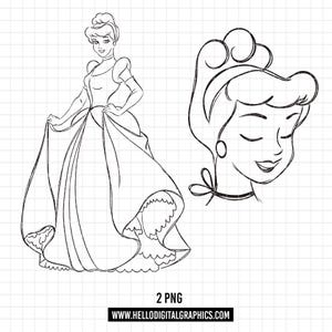 1694 - Disneyy Princess Cinderella Sketch pack bundle PNG - Cinderella outline PNG doodle Clipart vector. Princess Cinderella line art.