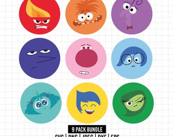 Puede incluir: Nueve iconos circulares con rostros de personajes estilizados en rojo, naranja, morado, azul oscuro, rosa, azul claro, verde azulado, amarillo y verde. El texto inferior dice 9 PACK BUNDLE SVG | PNG | JPEG | DXF | EPS WWW.MAGICALSVGPACK.COM.