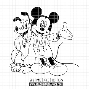 Peut inclure: Dessin au trait en noir et blanc de Mickey Mouse et Pluto. Mickey Mouse porte un pull avec un motif de sapin de Noël. Pluto porte un pull. L'image comprend le texte "SVG | PNG | JPEG | DXF | EPS" et "WWW.HELLODIGITALGRAPHICS.COM".