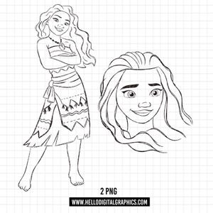 1696 - Disneyy Princess Moana Sketch pack bundle PNG - Moana outline PNG doodle Clipart vector. Princess Moana line art. Moana PNG