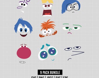 Puede incluir: Un conjunto gráfico digital que presenta nueve rostros de personajes de dibujos animados con diversas expresiones, incluyendo elementos azules, rojos, naranjas y morados. El texto en la parte inferior dice 9 PACK BUNDLE SVG | PNG | JPEG | DXF | EPS WWW.MAGICALSVGPACK.COM.