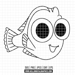 May include: A black and white cartoon fish illustration with large, grid-filled eyes and a smiling mouth. The fish has detailed fins and tail. The image includes the file type options: SVG, PNG, JPEG, DXF, and EPS, along with the website address: HELLODIGITALGRAPHICS.COM.