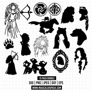 以下が含まれることがあります： 巻き毛のキャラクター、クマ、弓矢、装飾的なフレームを描いた15種類の黒いシルエットと線画のグラフィックコレクション。下部のテキストには「15 PACK BUNDLE SVG | PNG | JPEG | DXF | EPS WWW.MAGICALSVGPACK.COM」と記載されています。