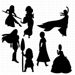 May include: Silhouettes of seven Disney princesses and characters, including Moana, Elsa, and Ariel. The characters are all in black against a white grid background.